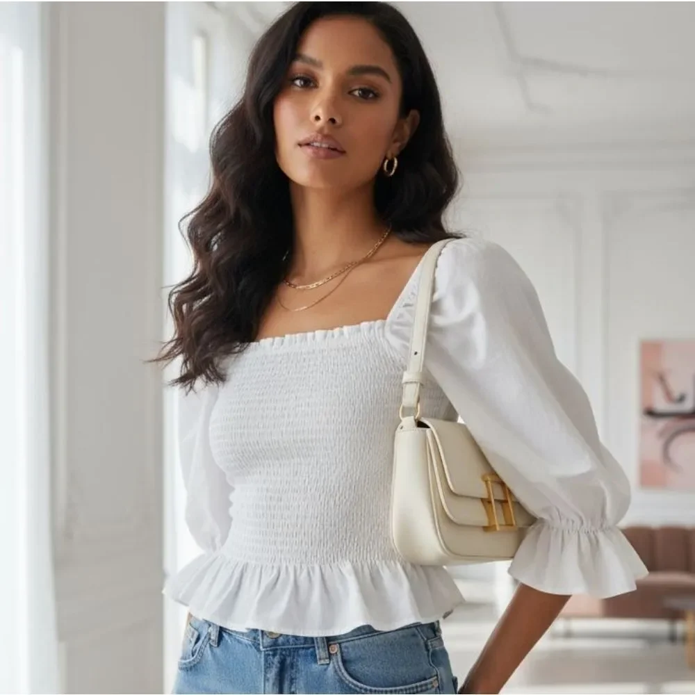 Zara White Puff Sleeve Smocked Blouse